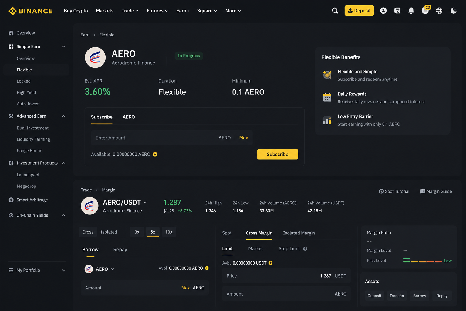 شعار Aerodrome مع واجهة خدمات Binance Earn والتحويل والهامش