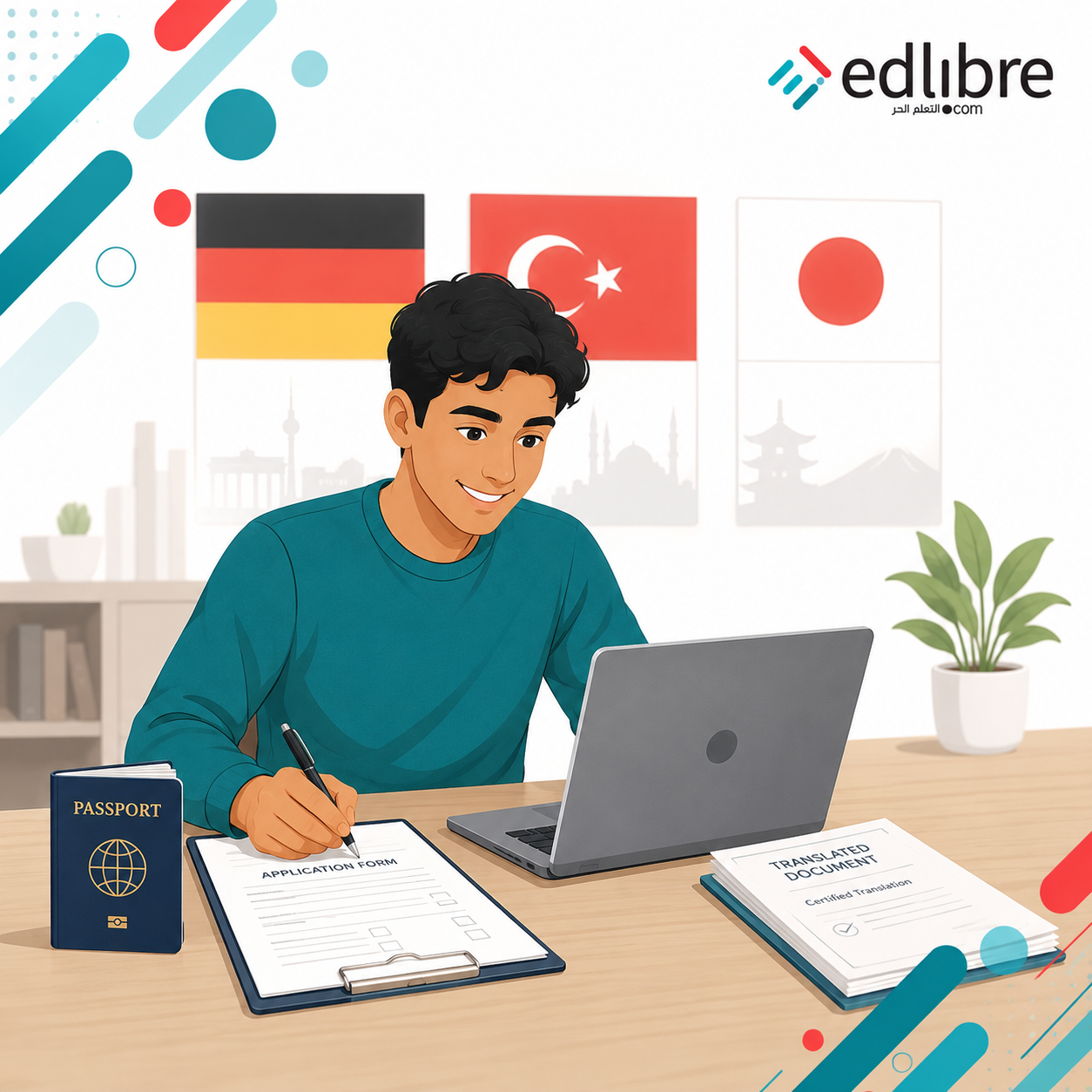شاب عربي جالس أمام حاسوب محمول وبجانبه جواز سفر ومستندات مترجمة، خلفه أعلام ألمانيا وتركيا واليابان، يبتسم وهو يملأ استمارة تقديم إلكترونية