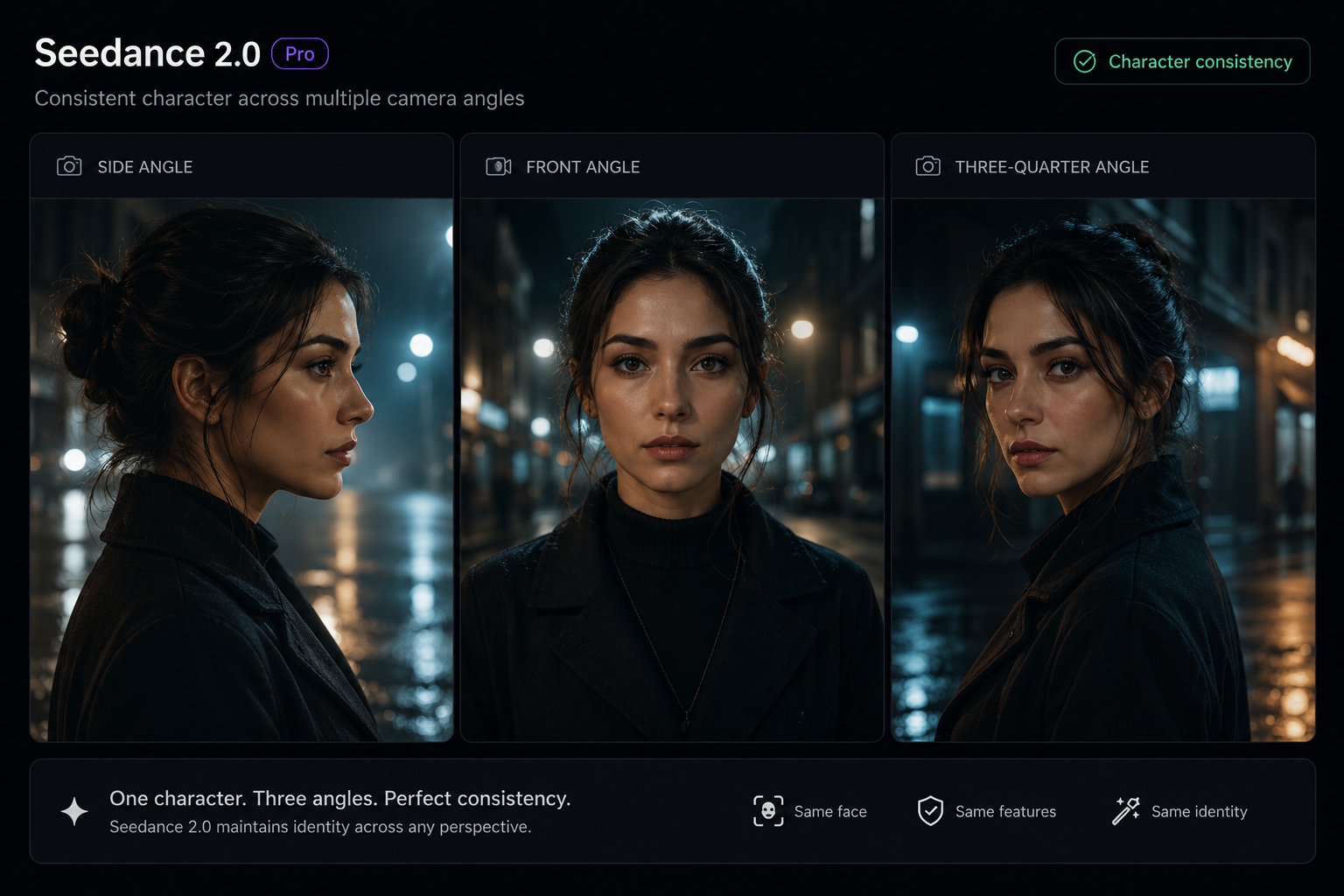 مشهد سينمائي مولّد بالذكاء الاصطناعي لشخصية ثابتة الملامح في ثلاث لقطات متتالية بزوايا مختلفة، مع إضاءة درامية