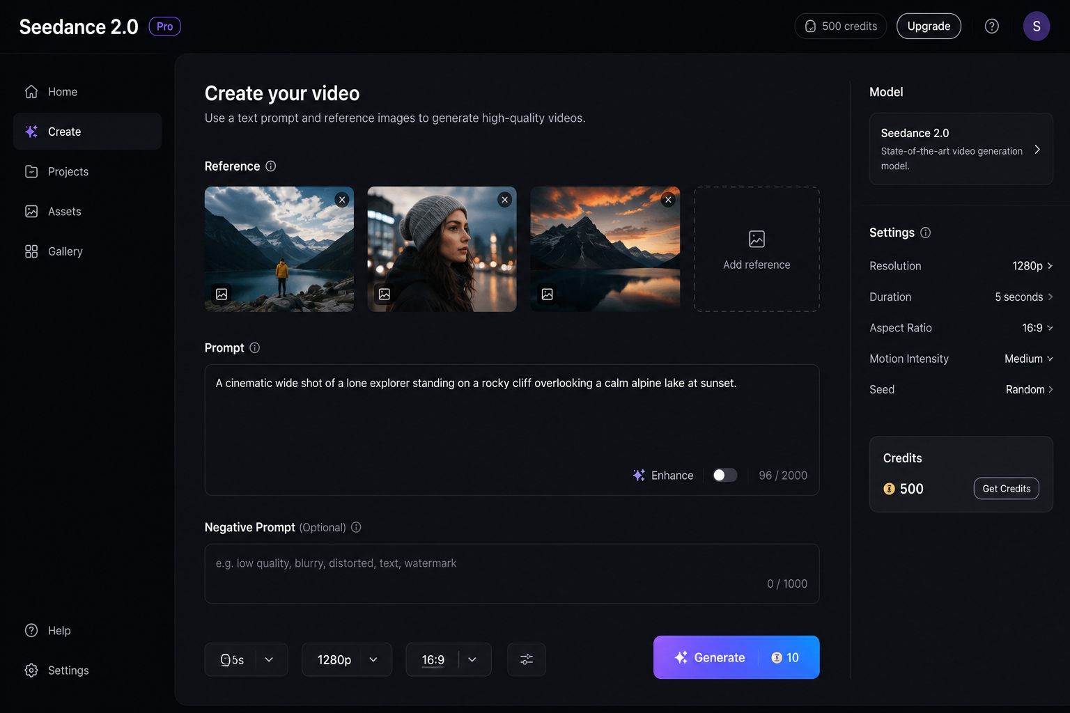 لقطة شاشة لواجهة Seedance 2.0 تظهر حقول رفع المرجعيات (صورة وجه، مقطع فيديو للحركة، ملف صوتي) وحقل الموجه النصي