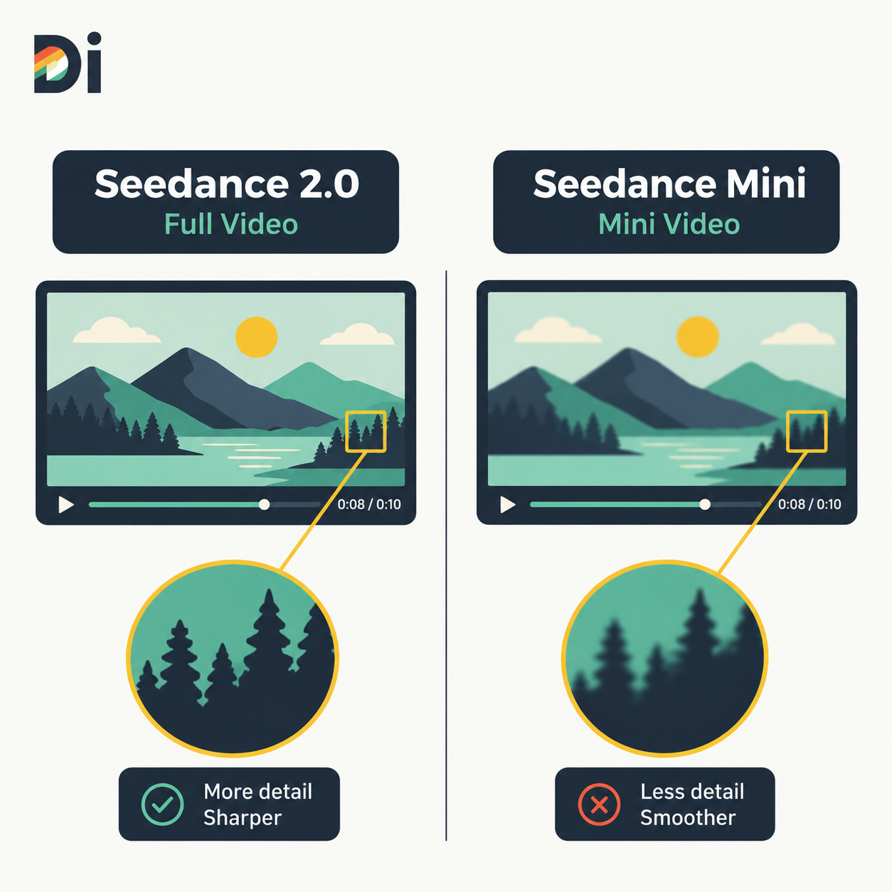 مقارنة بصرية بين فيديو مولد بواسطة Seedance 2.0 الكامل وآخر بـ Mini تظهر الفرق في التفاصيل الدقيقة مع تشابه الحركة السينمائية