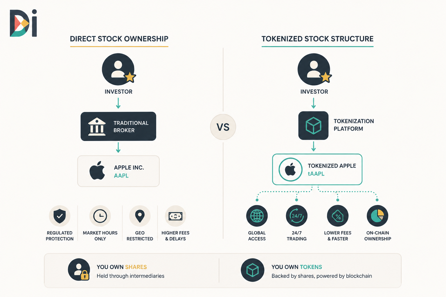 مقارنة بصرية بين هيكل ملكية السهم التقليدي وهيكل الرمز bStock