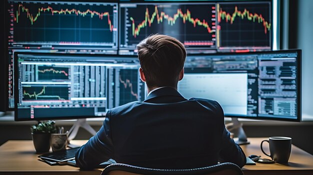 متداول ينظر إلى شاشة متعددة الرسوم البيانية تظهر قفزة أسهم الكم بعد البيع